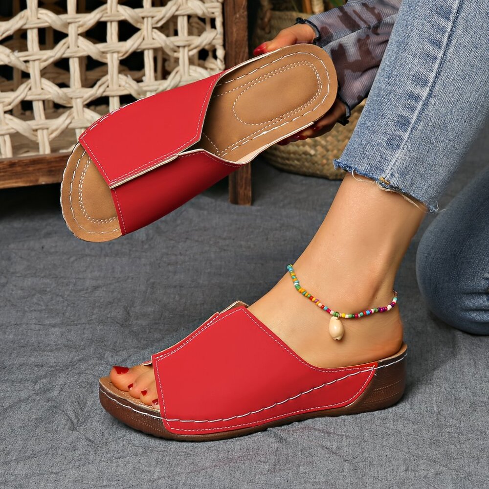 Red Open Toe Slide Sandals – Cushioned Slip-On Wedge Flats